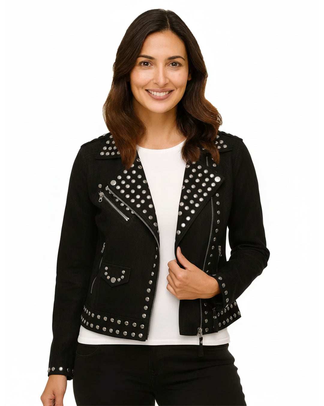 woman wearing black studded suede leather biker jacket with asymmetrical zipper and metal studs