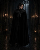 Black Stand Collar Gothic Cloak with high collar and ornate details in velvet fabric