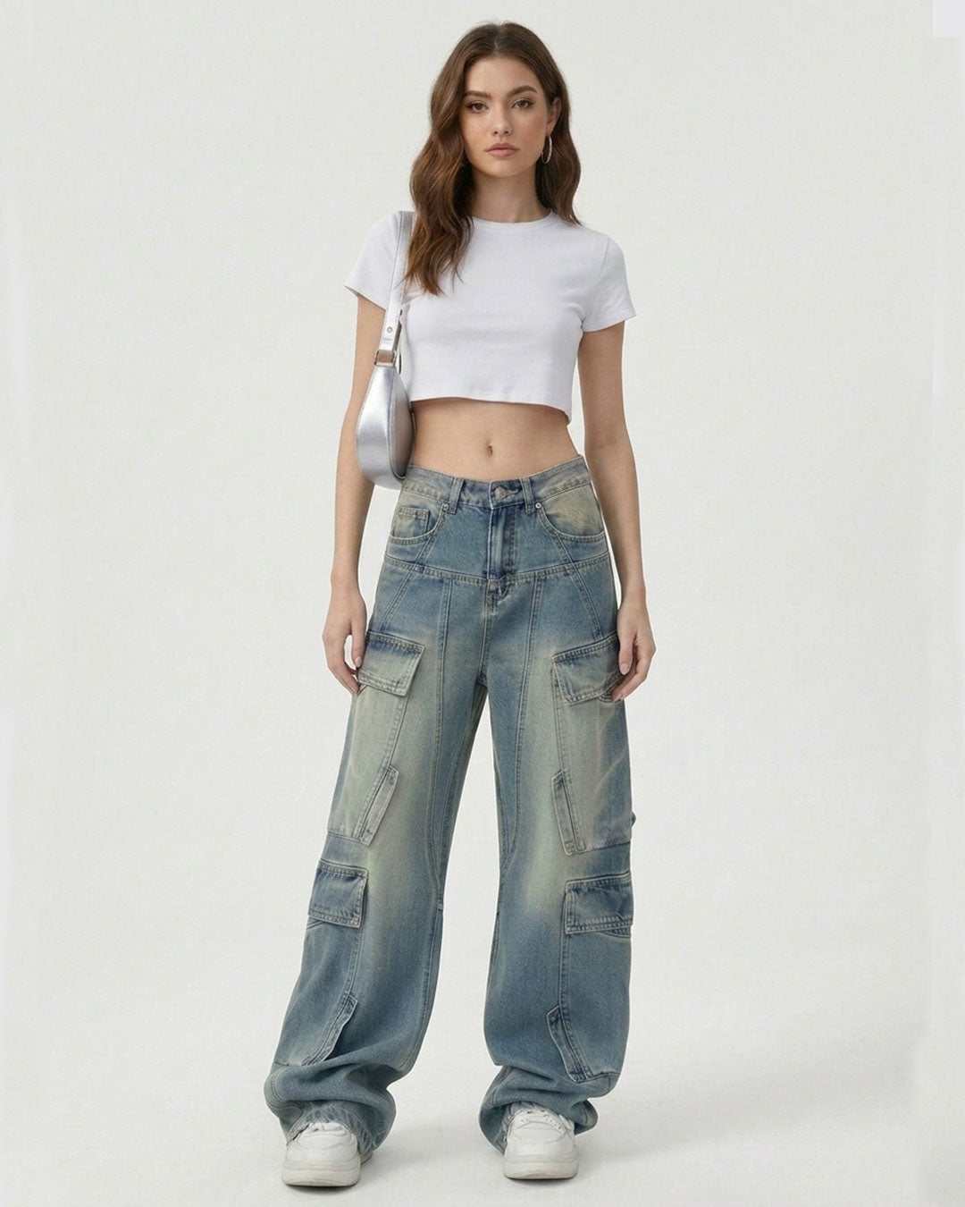 American plus size washed-out cargo jeans for women with relaxed fit and vintage look