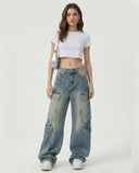 American plus size washed-out cargo jeans for women with relaxed fit and vintage look