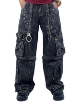 Grey gothic cargo pants with convertible legs and modular design Cyber Convertible style