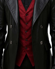 Men’s black gothic leather trench coat with red vest and bow tie style, double-breasted with sharp lapels and button closure