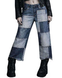 Gothic patchwork wide-leg denim jeans for women with grunge Y2K style