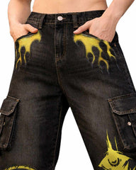 Black TRIPPPRS Death-Core cargo pants with red skull grenade graphic and spider logo