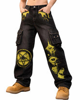 TRIPPPRS Death-Core black cargo pants with red skull-grenade graphic and spider logo streetwear