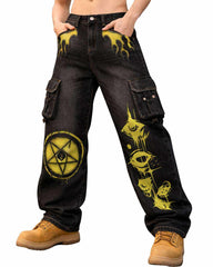 TRIPPPRS Death-Core black cargo pants with red skull-grenade graphic and spider logo streetwear