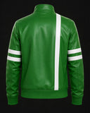 A green faux leather track jacket shown from the back, featuring a vertical white stripe down the center and two horizontal white stripes on each sleeve, set against a solid black background.