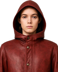 Front view of model wearing maroon hooded gothic leather trench coat with button closure