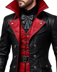 Men’s Gothic Vampire Faux Leather Trench Coat black and red with high collar and double-breasted design