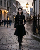 Elegant Women Black Velvet Gothic Coat with Victorian style and ornate buttons