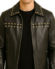 Black Studded Leather Zip Jacket
