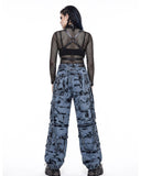 Baggy cargo pants women back view, wide leg cargo jeans, tie-dye denim with adjustable straps