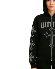 Unisex Gothic Rhinestone Cross Black Hoodie