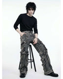 Y2K distressed black denim cargo pants with oversized fit and multiple pockets