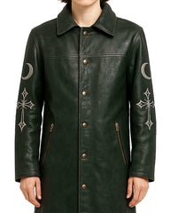 Men's green long flowing gothic coat with moon and cross embroidery on sleeves