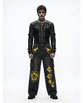 Mens wide leg cargo jeans TRIPPPRS Death-Core with dark wash and bold Y2K graphic artwork