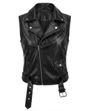 Women's Black Moto Leather Vest with zippered front and adjustable straps for a perfect fit