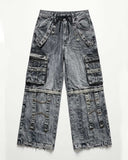 RiftLock men's Y2K cargo pants in washed dark denim with multiple pockets and relaxed oversized fit.