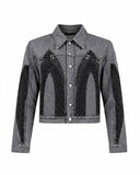 Front view of Gothic Cathedral Denim Suit with cropped grey and black denim jacket and matching wide-leg jeans