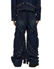 Men's streetwear Grommet‑Strap Cargo Jeans with gothic grommet details and utility pockets