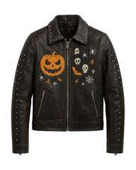 Halloween Pumpkin Studded Leather Jacket – Spooky Skull & Bat Design