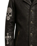 Gothic Skull Cross Embroidered Black Leather Coat with skull and cross embroidery on sleeves, button-down front, and zippered pockets.
