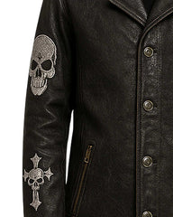 Gothic Skull Cross Embroidered Black Leather Coat
