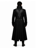 Men’s Halloween costume with black gothic trench coat, raven embroidery, high collar and vampire styling
