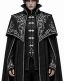 Men’s black vampire cloak costume with high collar, silver Gothic embroidery, front clasps and a floor-length medieval cape design.