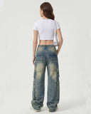 American plus size washed-out cargo jeans for women with relaxed fit and multiple pockets