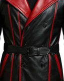 Men’s black and red gothic leather trench coat with belted waist and red accents
