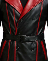 Men’s black and red gothic leather trench coat with belted waist and red accents