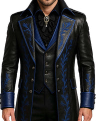 Men black and blue gothic leather trench coat with embroidered blue detailing and tailored fit