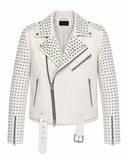 White Studded Leather Biker Jacket