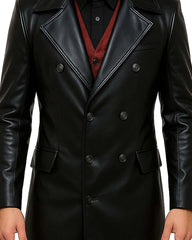 Men’s black gothic fashion leather trench coat with double-breasted buttons and tailored fit