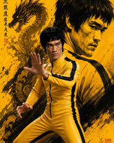 A stylized poster-like artwork featuring Bruce Lee in a yellow martial arts outfit with black trim, posed in front of a large yellow background with a dragon illustration and a faded portrait of himself.