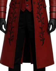 Men’s Blood Red Gothic Leather Trench Coat with black embroidery and tailored silhouette