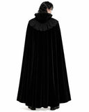 Black stand collar gothic cloak in luxurious velvet with ornate clasps and flowing full-length design