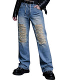 Men's distressed denim baggy jeans with ripped front and bold back graphics in light blue wash