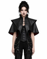 Women’s black gothic leather shoulder cape with high collar, pointed shoulders, chain closures and deep-red inner lining, front view
