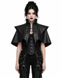 Women’s black gothic leather shoulder cape with high collar, pointed shoulders, chain closures and deep-red inner lining, front view