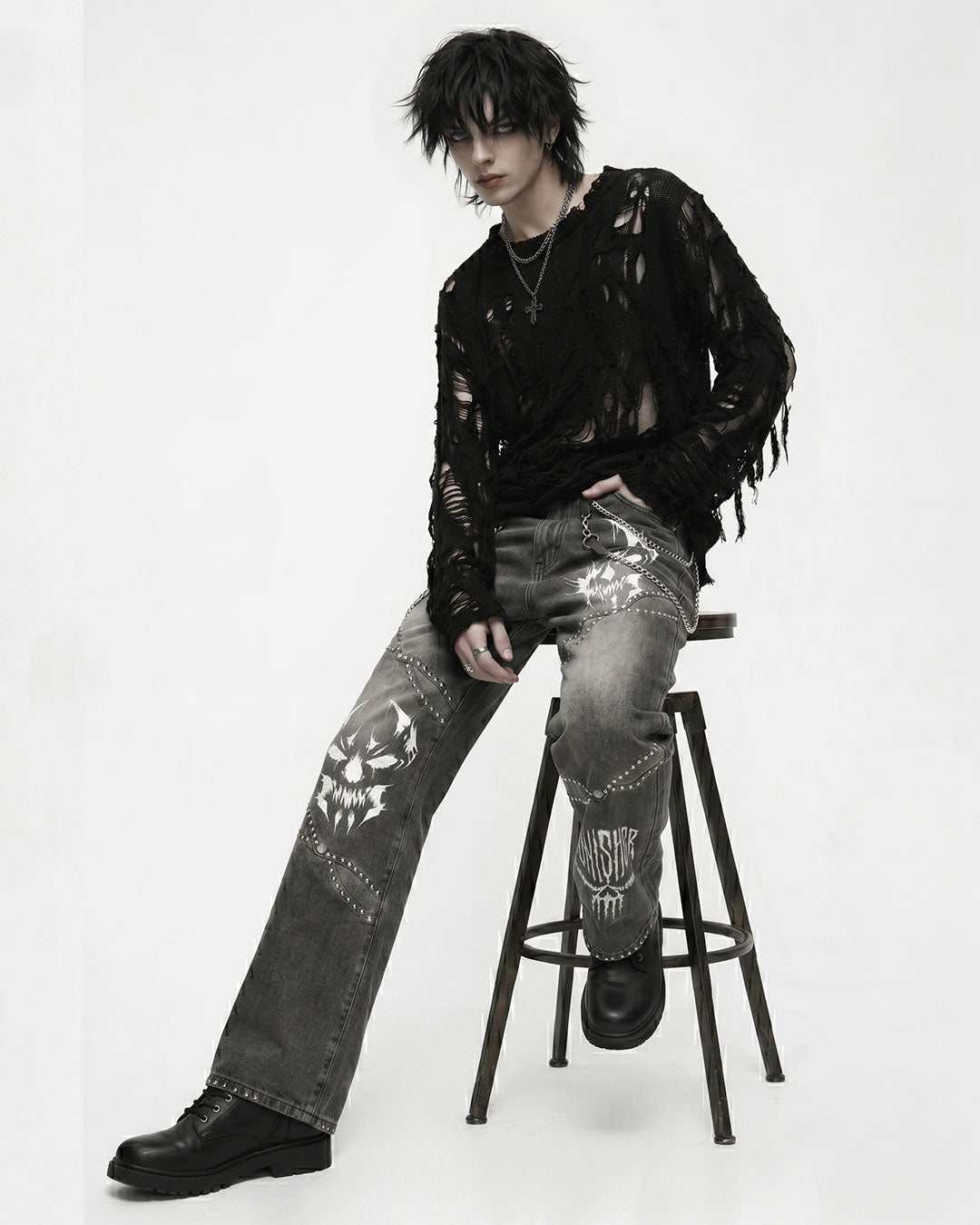 Unisex VenomVale Gothic jeans with TRIPPPRS Death Skull design, oversized wide-leg black denim with skull graphics and stud details