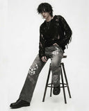 Unisex VenomVale Gothic jeans with TRIPPPRS Death Skull design, oversized wide-leg black denim with skull graphics and stud details