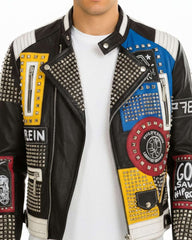 Men's multicolor patchwork leather jacket with vibrant patches and studded detailing on black leather base