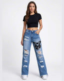 Trippprs Women Heart Print distressed wide leg jeans with heart and butterfly graphics