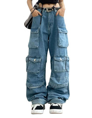 Denim Multi-Pocket Tooling Pants – Gothic Punk Strap Flare Jeans with Zippers & Grommets