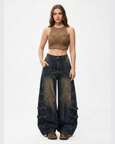 Women's Loose Fit Baggy Jeans – Button Pocket & Zipper Embellished