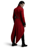 Men’s maroon velvet gothic tailcoat with Victorian design for gothic fashion lovers