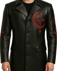 Men’s Gothic Vampire Leather Coat black with red crescent and cross embroidery on chest and sleeves, long matte finish faux leather with sharp collar and button closure