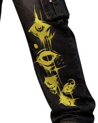 Black TRIPPPRS Death-Core cargo pants with large red skull-grenade graphic and spider logo